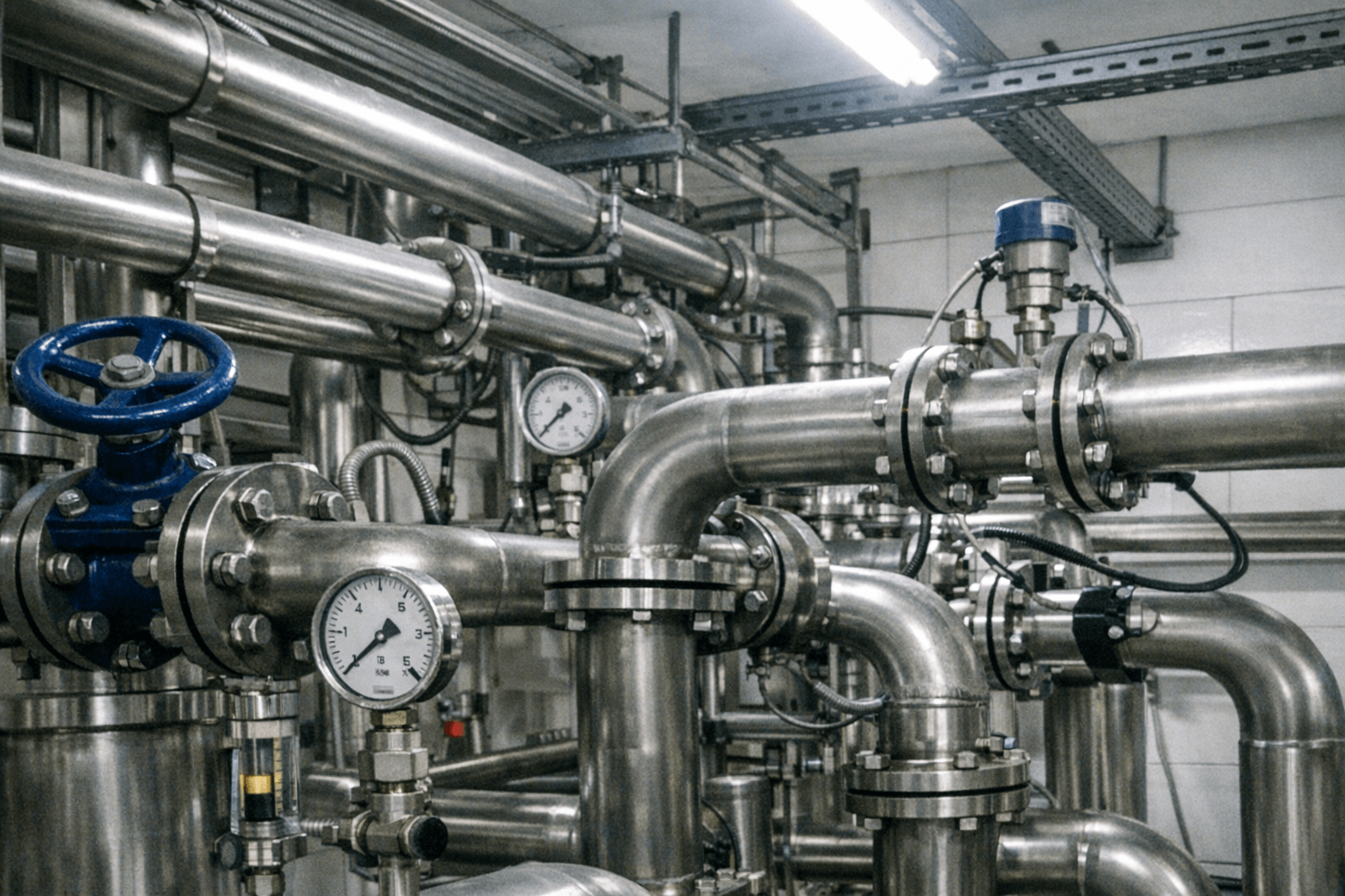 Dichtes Netz aus Edelstahl-Prozesswasserleitungen, Ventilen und Messkomponenten.