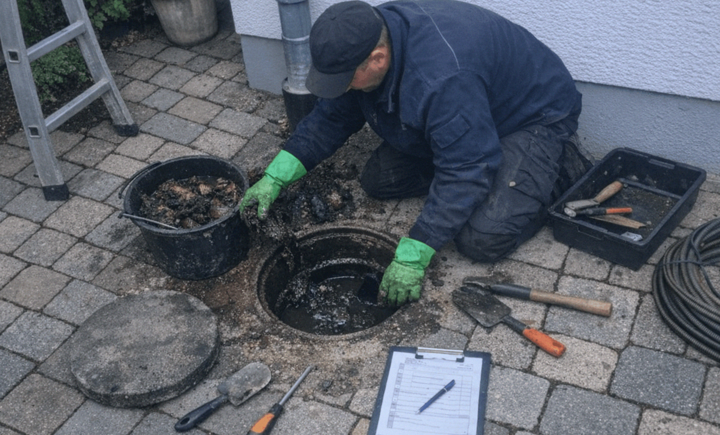 Freigelegte Außenleitung bei einer Hochdruckspülung am Wohnhaus
