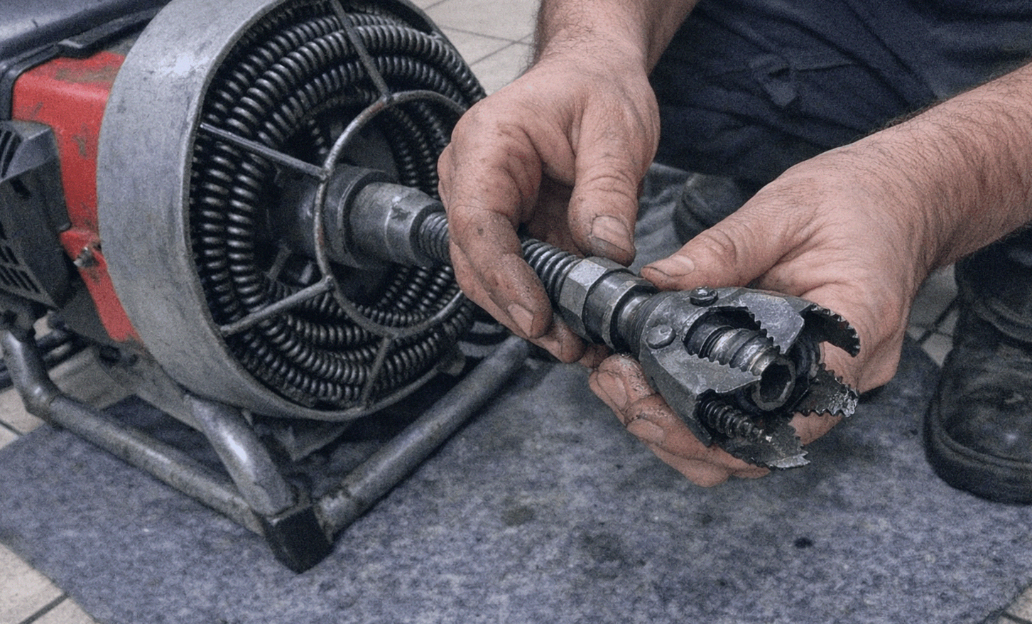 Spezialist bedient eine elektromechanische Rohrreinigungsspirale an einem verstopften Rohr