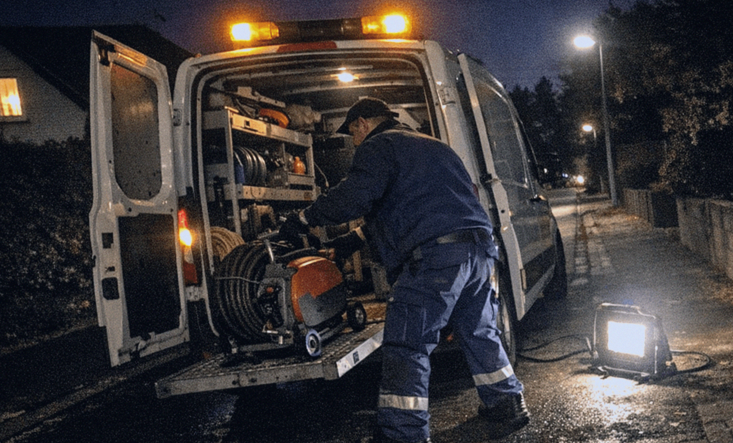 Rohrreinigung-Notdienst mit Servicefahrzeug und Werkzeug im Wohngebiet