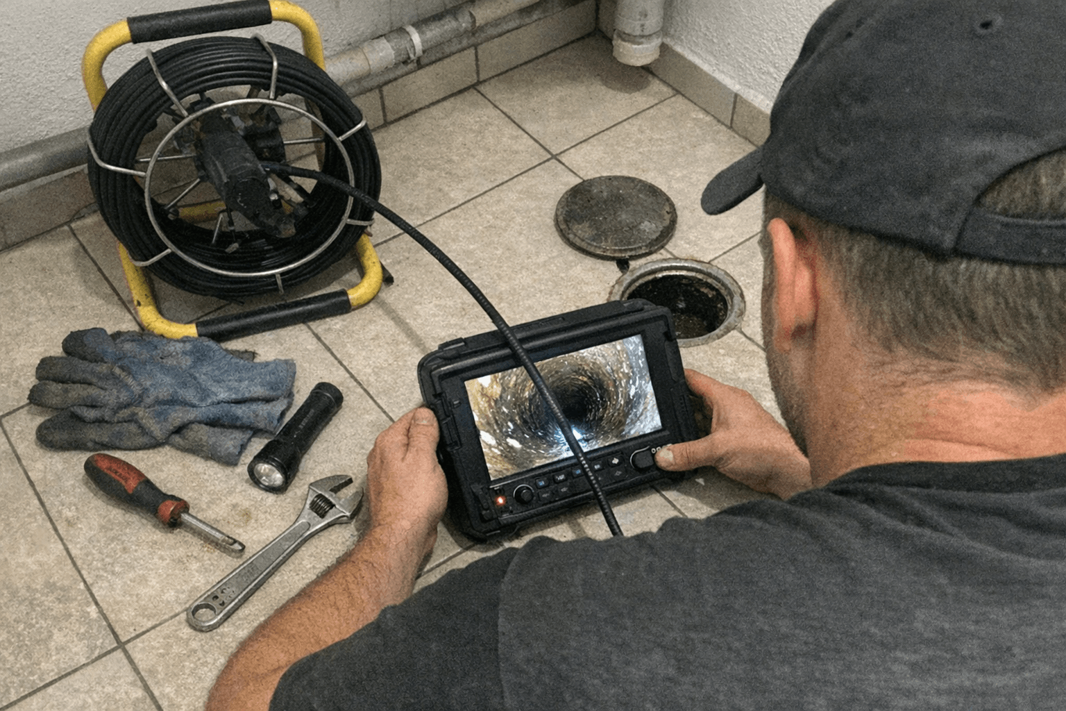 Techniker prüft Live-Rohrinspektionsbilder bei Kamerauntersuchung in Schwabing.