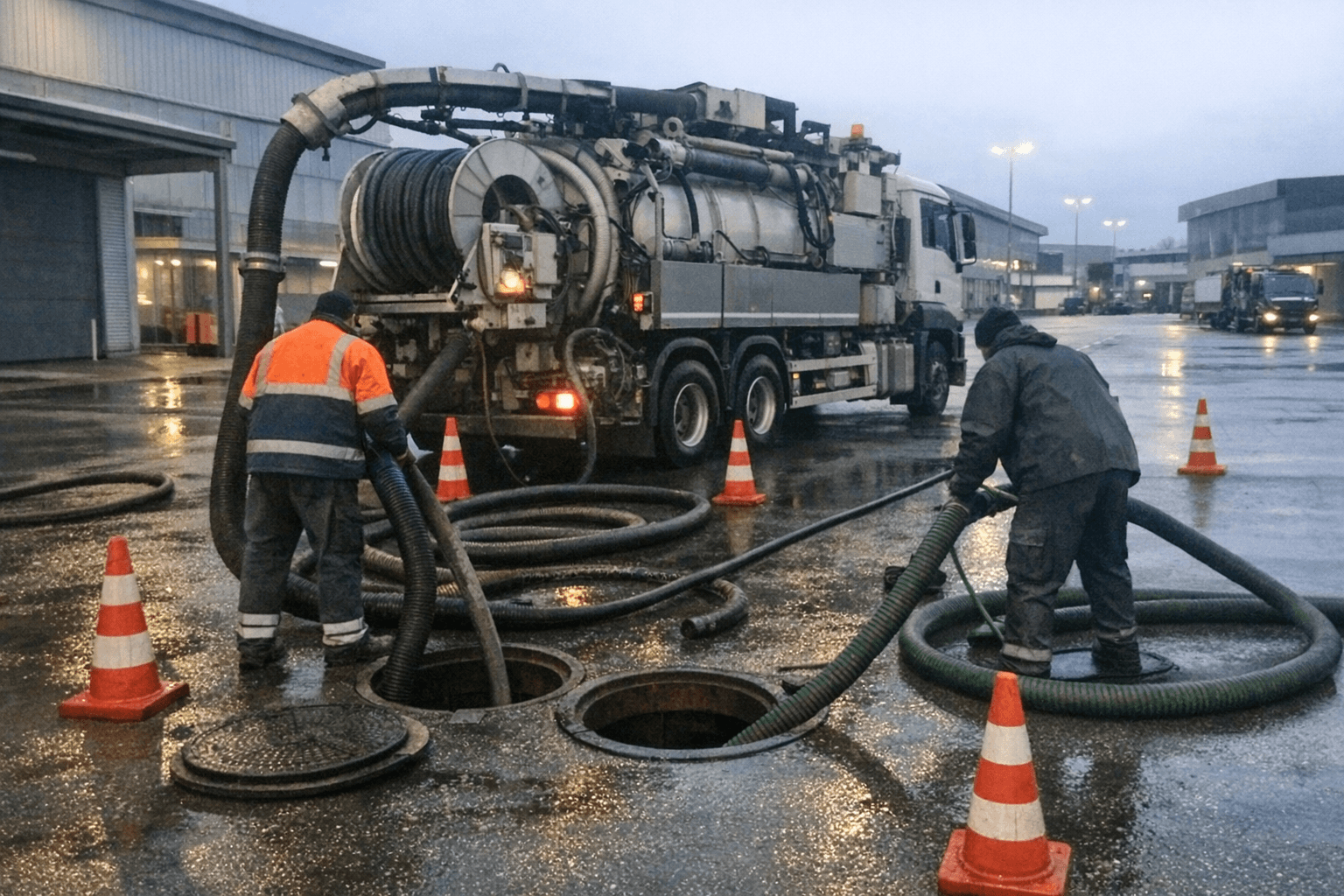 Saug- und Spülfahrzeug auf einem großen Gewerbegelände