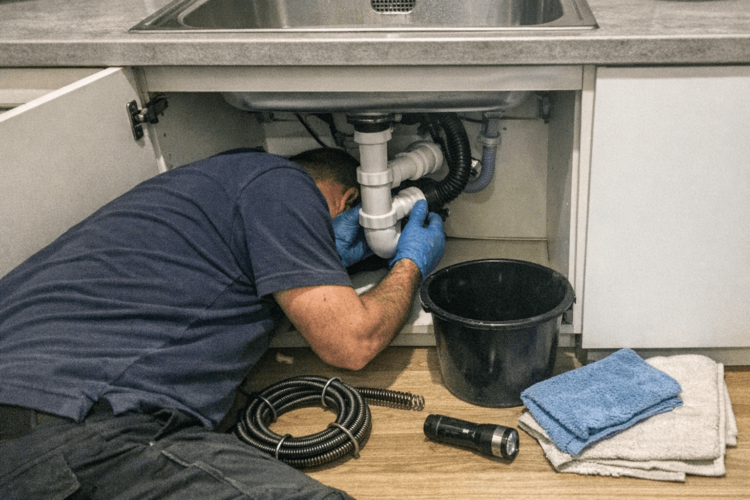 Techniker arbeitet unter der Küchenspüle bei einer Abflussreinigung am Küchenabfluss.