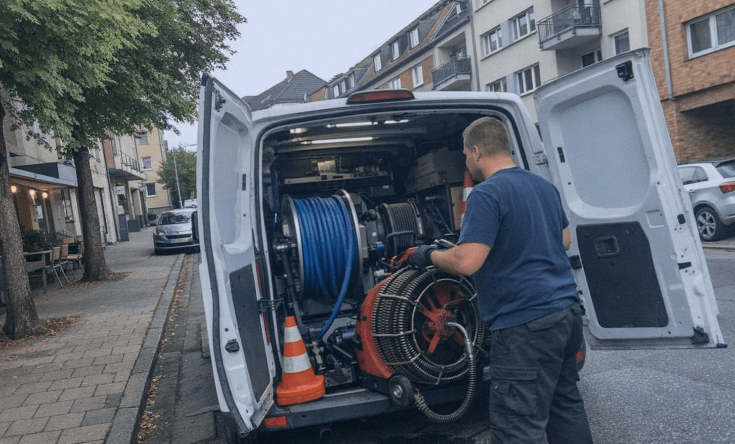 Servicefahrzeug einer Rohrreinigung im Wohngebiet