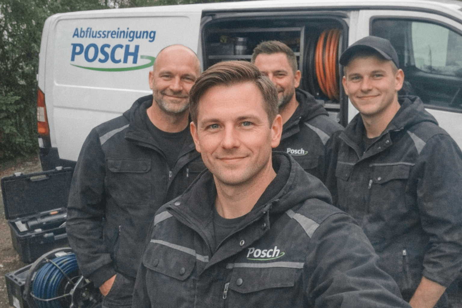 Team von Abflussreinigung Posch vor Servicefahrzeug in München