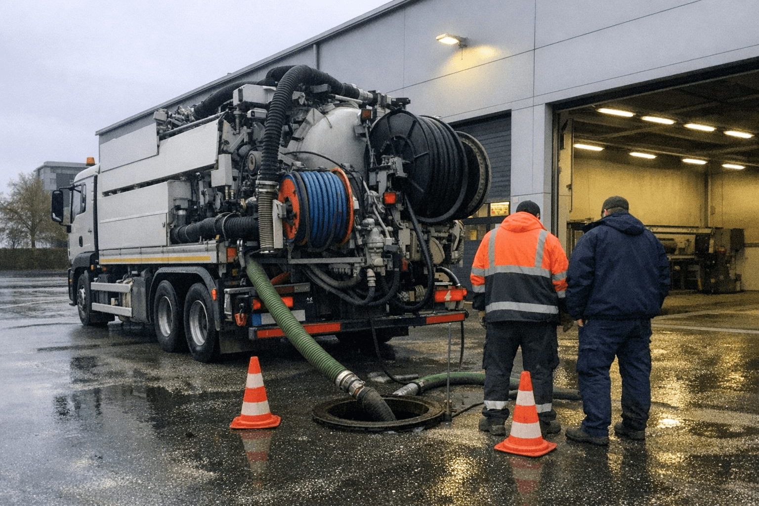 Einsatzfahrzeug bei der Kanalspülung auf einem großen Gewerbehof