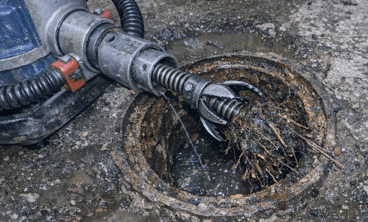 Elektromechanische Spirale bei der Rohrreinigung im Einsatz