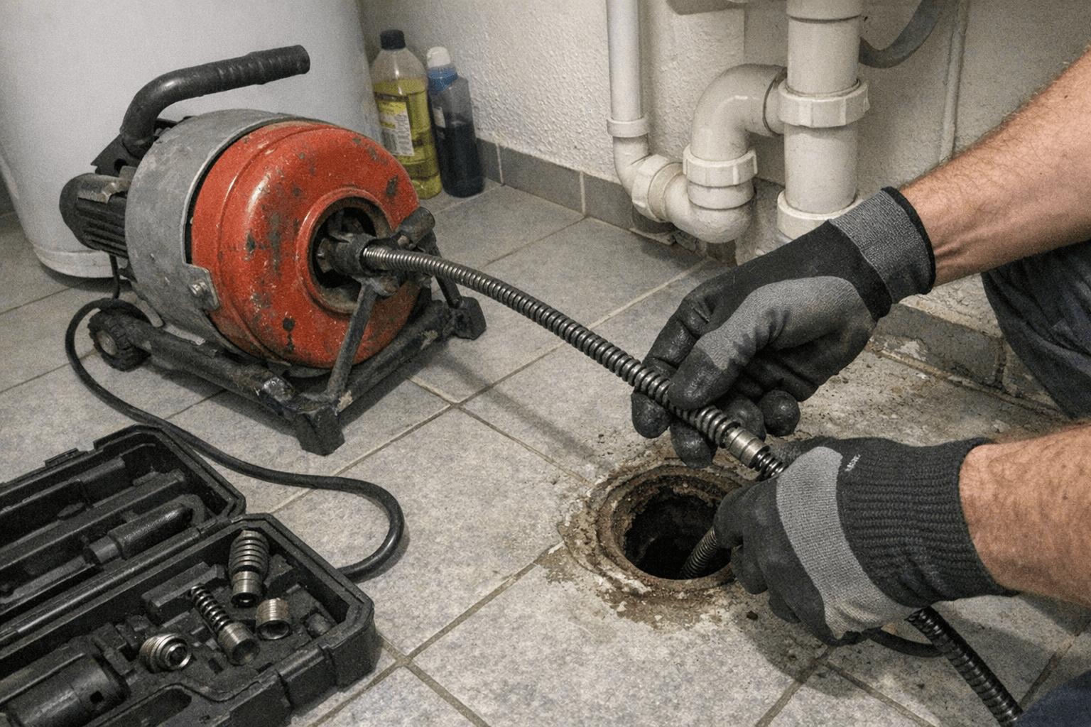 Techniker reinigt verstopftes Haushaltsrohr in Bogenhausen mit elektromechanischer Rohrreinigungsmaschine und Werkzeugen.